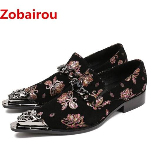 Zobairou italian shoes men leather hidden heel shoes for men flower embroidered black velvet loafres formal shoes men slipon