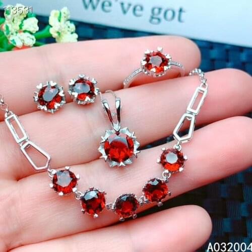 KJJEAXCMY Fine Jewelry 925 sterling silver inlaid natural garnet ring pendant earring bracelet set popular supports test