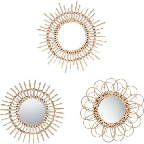 2021 New Rattan Innovative Art Decoration Round Makeup Mirror Dressing Bedroom Bathroom Wall Hanging Mirrors