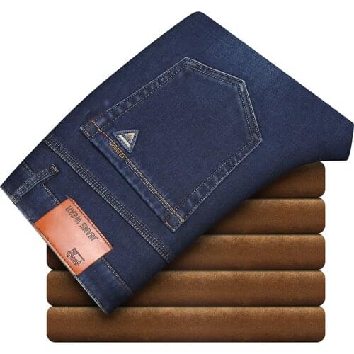 Oversize 29-42 Newest Winter Mens Warm Fleece Jeans Thicken Denim Trousers Male Slim Strech Staight Business Casual Denim Pants