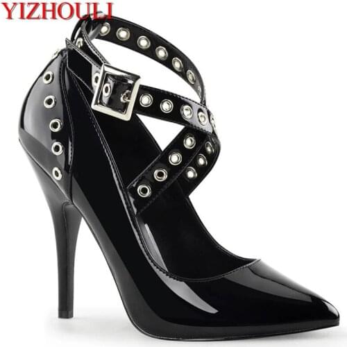 12 cm pointed rivet with buckle sexy heels, model pole dancing performance, party runway heels