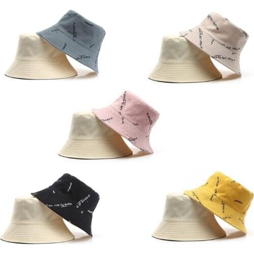 Korean Style Women Reversible Double Sided Bucket Hat Harajuku Garbled Letters Printed Sunscreen Foldable Panama Fisherman Cap