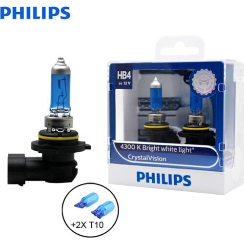 Philips 9006 HB4 12V 55W Crystal Vision 4300K Bright White Lamp Halogen Bulb Car Head Light Stylish Look 9006CVSM, Pair + 2x T10