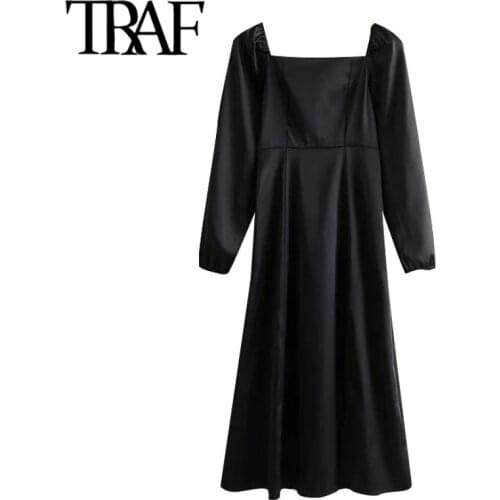 TRAF Women Chic Fashion Front Slit Soft Touch Midi Dress Vintage Long Sleeve Back Elastic Female Dresses Vestidos Mujer