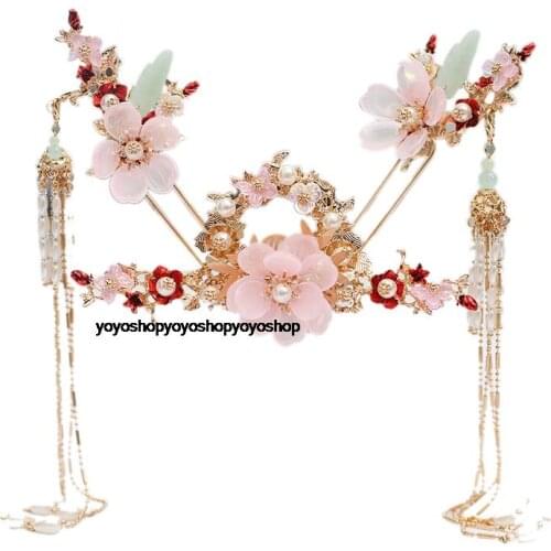 Luxury handmade pink flower tassel Chinese retro hair crown suit Martial arts fairy headdress Pearl shell hairpin clip