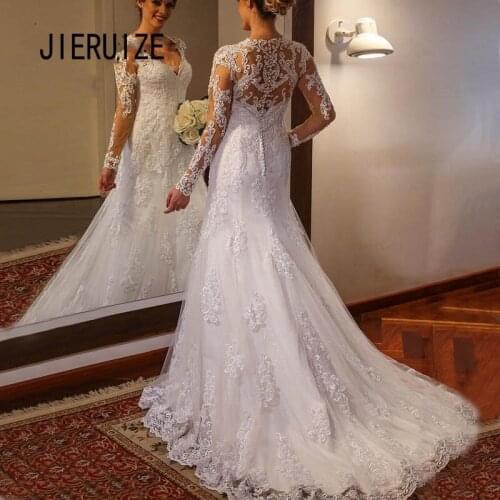 JIERUIZE Vintage Wedding Dresses Deep V Neck Lace Appliques Button Back Long Sleeves Sheath Bridal Wedding Gowns robe de mariee