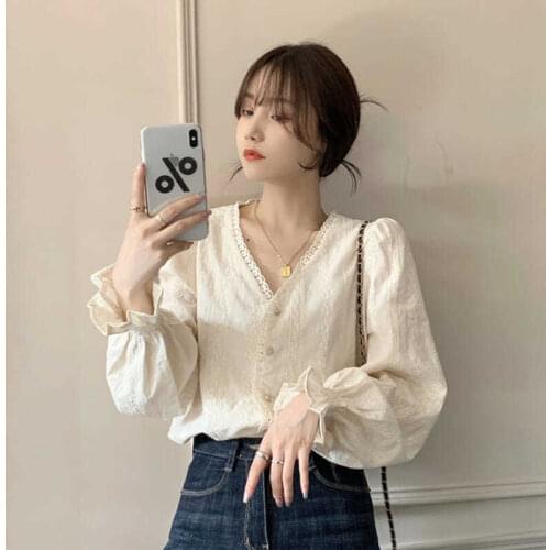 Womens Blouse 2021 New Spring and Autumn French Retro Hong Kong Style Design All-match Size S-2XL Long-sleeved Shirt Women