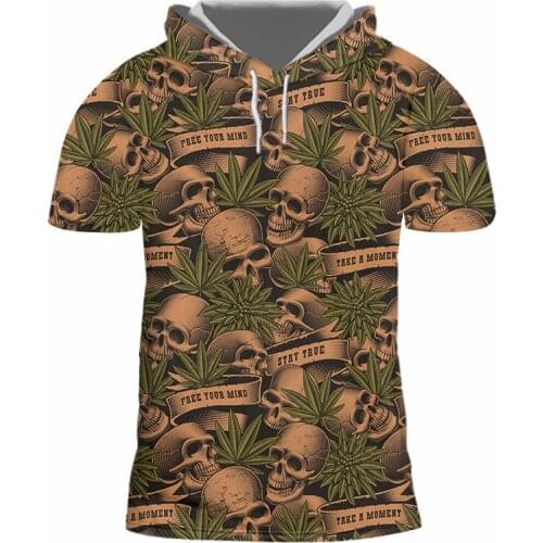 Weed Skull New Hooded T-shirt 3d-printed Gothic Novelty Funny Streetwear Horror Pattern Casual Summer Fall Hoodies Short-sleeved