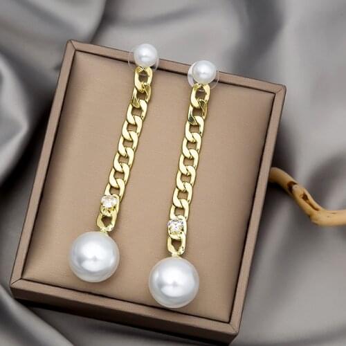 Origin Summer Luxury Statement Simulation Pearl Long Dangle Earrings for Women Femme Tassel Chunky Chain/ Metal Earrings Jewelry
