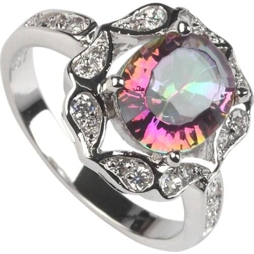 Fleure Esme Punk wedding fashion rings for womens clothing accessories dropshipping Rainbow Cubic Zirconia Rhodium Plated R3294