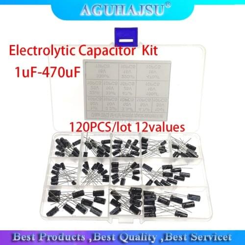 120PCS/lot 12values 1uF-470uF Aluminum Electrolytic Capacitor Assortment Kit 16V-50V electrolytic capacitors assortment box set