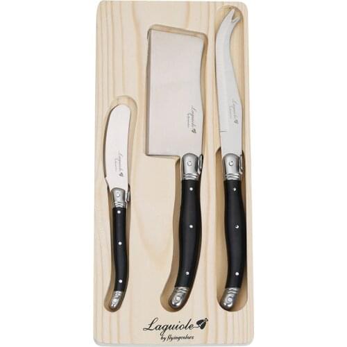 3pcs Laguiole Style Cheese Spreader Knife Fork Set Black Handle Cheese Knives Butter Cutter in Wood Box Restaurant Cutlery Bar