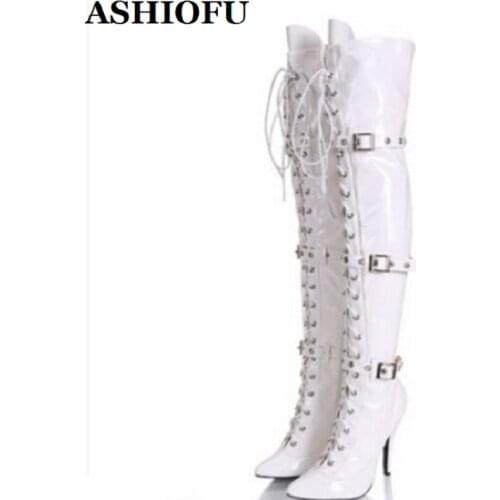 ASHIOFU Handmade New Ladies Thigh High Boots Cross-shoelace Wedding Party Over Knee Boots Sexy Evening Fashion Winter Long Boots