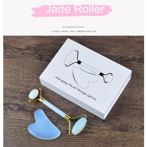 Double-Headed Opalite Face Jade Stone Roller Guasha Set with Gift Box Lifting Anti-Wrinkle Cellulite Massage Tools for Back Neck