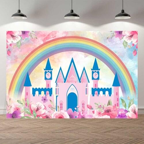 Seekpro Rainbow Castle Princess Baby Shower Birthday Backdrop Background Girls Flowers Party Carriage Palace Colour Cherry Pink