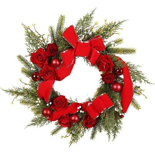 Artificial Pine Wreath with Red Rose Flower Red Ribbon for Front Door Wall Window Farmhouse Home Christmas Decoration