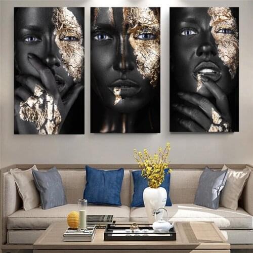 African Artwork of Black Golden Woman Oil Painting on Canvas Scandinavian Cuadros Posters Prints Modern Home Wall Art Pictures