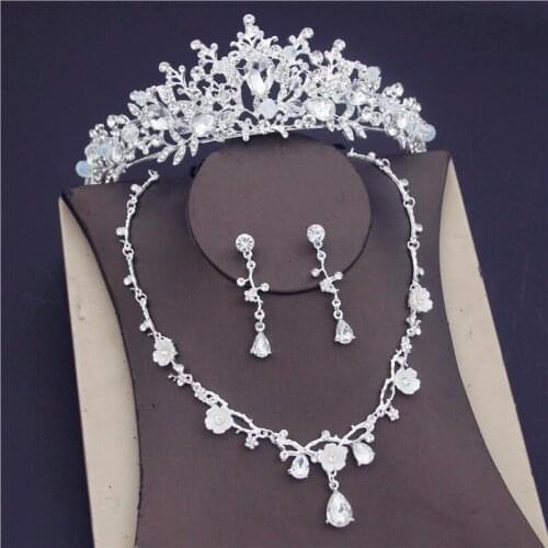 Vintage Silver Flower Crystal Bridal Jewelry Sets for Women Party Rhinestone Tiaras Crown Necklace Earrings Wedding Jewelry Set