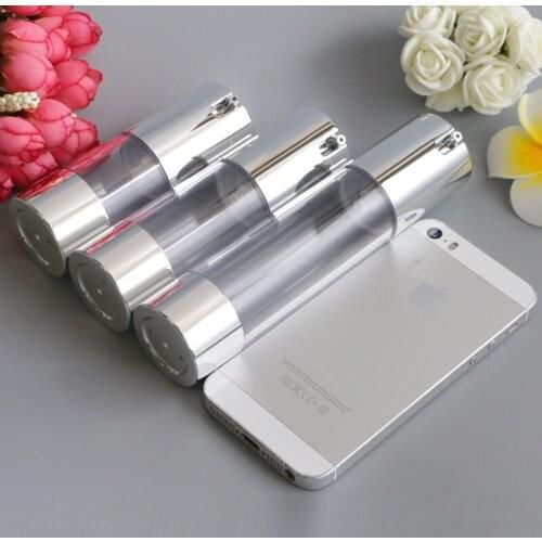 Make Up Airless Pump Bottle 15ml 30ml 50ml Silver Cosmetic Liquid Cream Container Lotion Essence Bottles for Travel 100pcs/lot