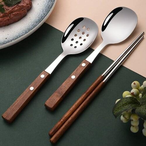 Stainless Steel Dining Spoon With Wooden Handle Leaking Spoon Public Chopsticks Household Tableware Kitchen Accessories