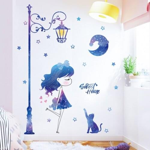 Cute Girl and Cat Wall Stickers Kawaii Home Decor Street Lamp Sticker Living Room Bedroom Wall Decoration Art Decals Wallpaper