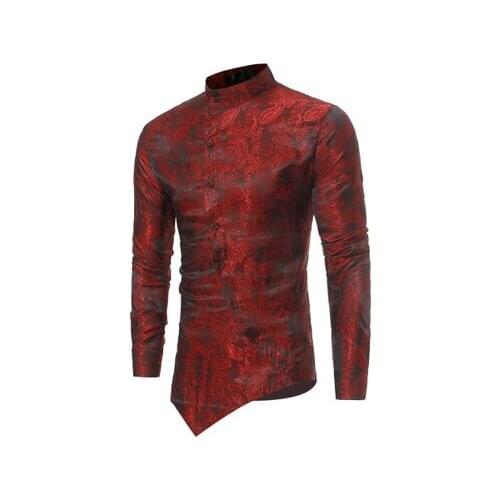 Mens Shirt Long Sleeves Printed Turtleneck Cotton Blended With Dark PatternAsymmertric Length Hip Hop Causual Homme Clothing
