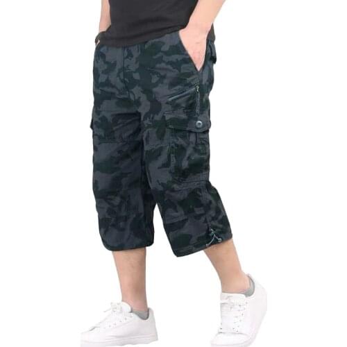 Mens Long Length Cargo Shorts Summer Casual Cotton Elastic Capri Pants Multi-Pocket Hot Breeches Military Camouflage Shorts 5XL