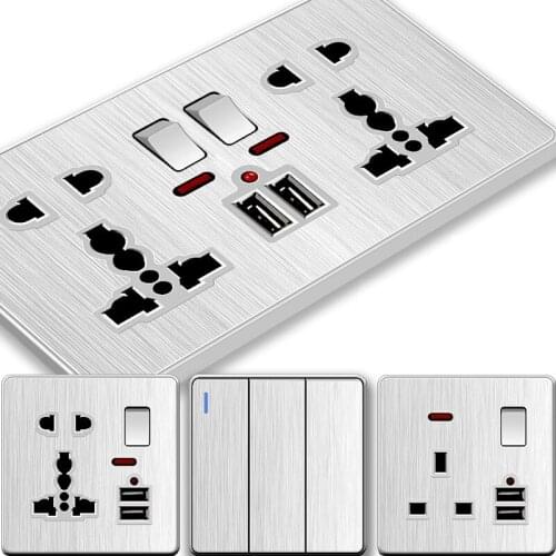 UK Standard Brush Silver Wall Switch Wall Socket 1Gang 2Gang 3Gang 4Gang 1Way 2Way TV Computer Doorbell CAT6 Computer Socket