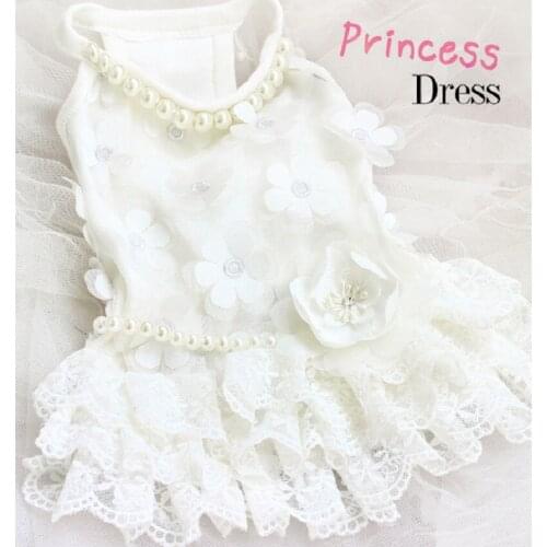 Free Shipping Dog Clothes Wonderland 3D Apricot Flower Luxurious Lace White Pet Wedding Dress Pearl Belt Poodle Yorkie Maltese