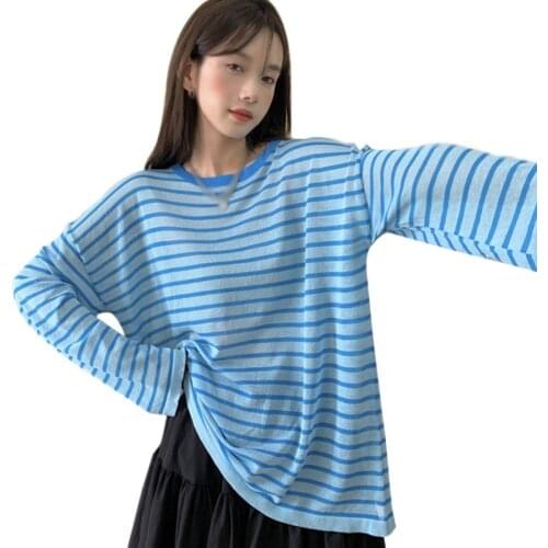 Casual Women Loose Summer T-shirt Long Sleeve Striped Sunscreen Female Round Neck T-Shirts Top Black/Green/Blue/Pink