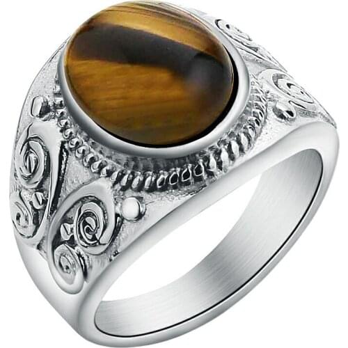 Valily Jewelry Simple Oval Tiger eye Silver Ring For Men Stainless Steel Trendy Red CZ Gold Wedding band Rings Women Jewelry
