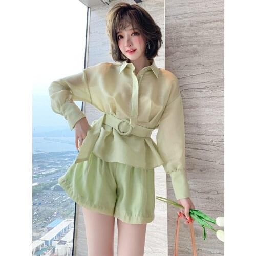 Top Quality Lapel shirt+New summer high waist straight pants suit