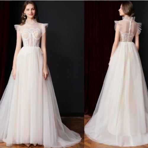 FANWEIMEI#4049 Vintage Sleeveless Stand Collar Champagne Illusion Lace Wedding Dress Bride Gown photography