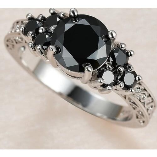 Vintage Female Black Crystal Stone Ring Charm Silver Color Thin Wedding Rings For Women Dainty Round Zircon Engagement Ring