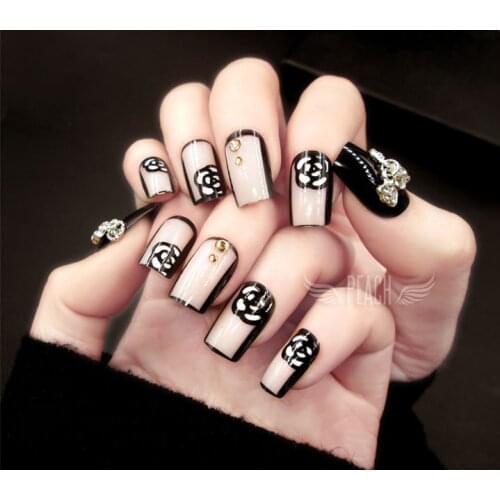 High fashion American style black and white lace flower pattern 3D fake nails french false nails with glue full nail tips Bride