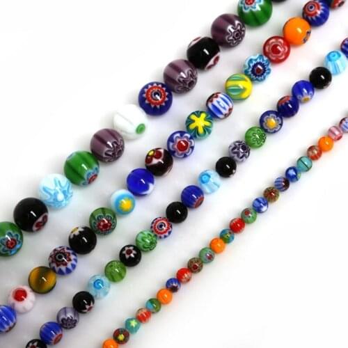 High Quanlity 4/6/8/10mm Mix Colors Millefiori Flower Lampwork Glass Beads for Necklace Bracelet DIY Jewelry Making 39cm/satrand