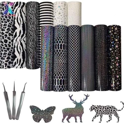 XFX HTV 25X150cm Black & White Holographic HTV Heat Transfer Vinyl Animal Star Assorted Pattern Iron on for T-Shirt and Cricut
