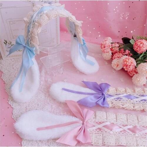 Japanese Lolita Lace Bow Lop Bunny Ears Headband Rabbit Ear Hairband Kawaii Girls Cosplay Hair Accessories D838