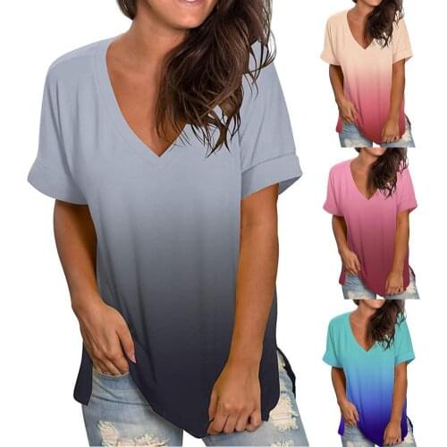 Summer Women T-shirt V Neck Gradient Color Short Sleeve Loose Blouse Top for Office