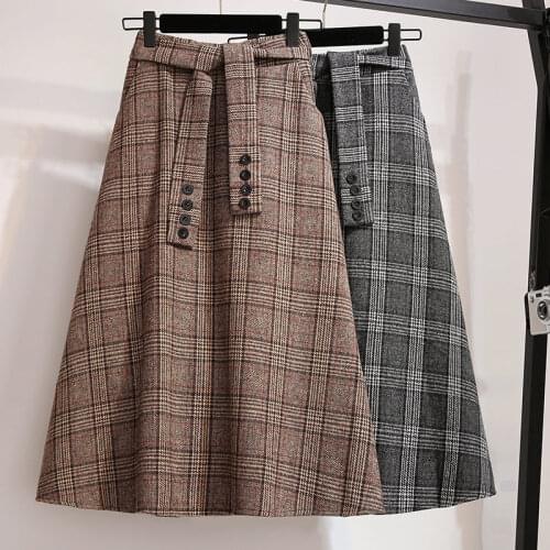 Large Size Womens Autumn and Winter Woolen Skirt 2019 New Plaid Skirts Womens High Waist Large Swing Jupe Lady Femme Saia f1920