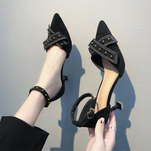 2021 Spring New Shoes Women Pointed Toe Buckle Summer High Heels Stiletto Rivet Solid Blue Fashion Single Shoes Female