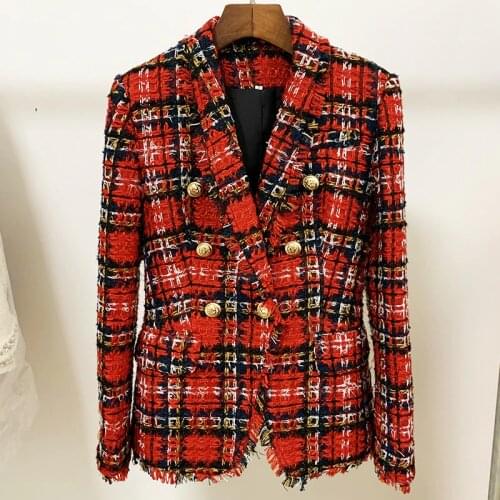 Red Plaid Tweed Blazer Women 2021 Autumn Winter New Long Sleeve Double Breasted Gold Button Shawl Collar Woolen Blazers Jackets