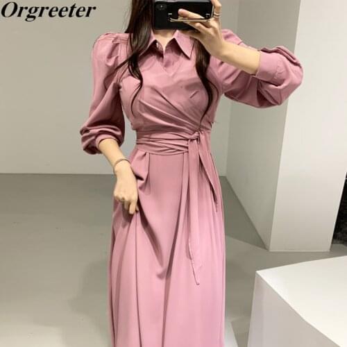 Spring Fall 2021 New Women Dress Long Sleeve Turn Down Collar Shirt Lace Up Ladies Casual Dresses Wrap Robes Mujer Vestidos