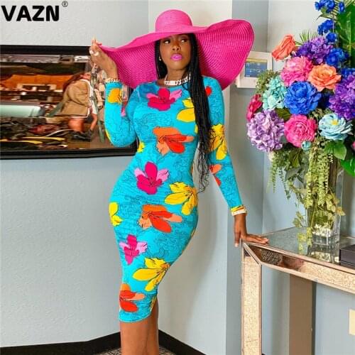 VAZN 2020 Autumn New Sexy Parity Retro Regular Young Fresh Clear Style Round Neck Full Sleeve Women High Waist Thin Midi Dress