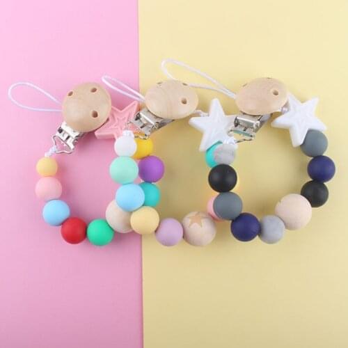 1pc Wooden Clip Silicone Pacifier Holder Chewbeads Nipple Chain Baby Teething Leash Strap Five Star Pendant Beads Teether Holder