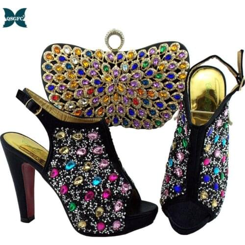 2020 New Fashion African Women Shoes And Bag Set With Rhinestones Pump Italian design Women Shoes and Bag Set in Black Color