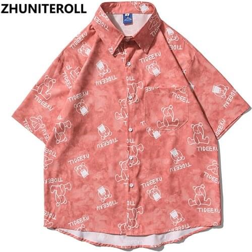 2021 Toy Bear Print Hawaiian Beach Shirts Hip Hop Short Sleeve Button Up Streetwear Japanese Shirt Mens Fashion Clothing Trends