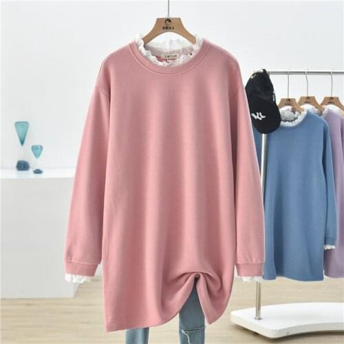 2021 Spring New Lace Splice O Neck Sweatershirt Female Fall Simple Kawaii Solid Color Loose Pullovers Women Casual Hoodies Tops