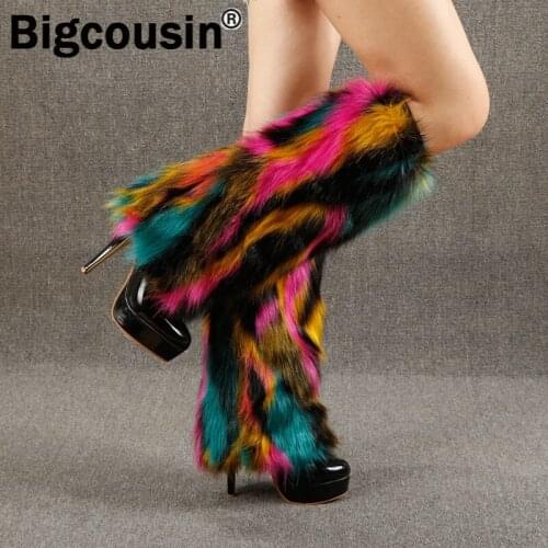 2021 Style Colorful Faux Fur Boot Decor Winter DIY Elastic Shoes Cover Feet Warmers Plush Socks Sleeve Boot Leggings Sleeves