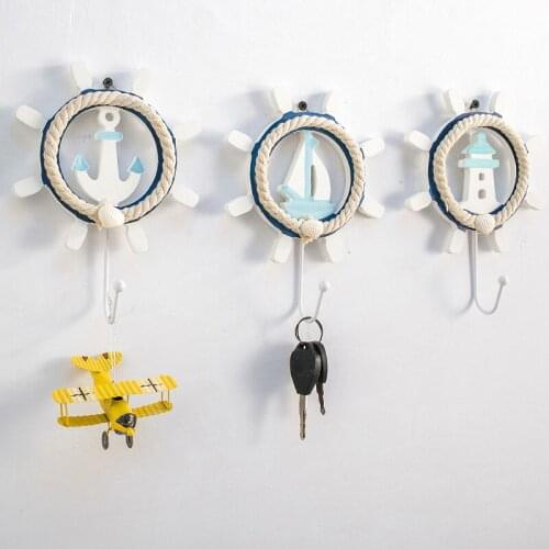 3pcs Mediterranean style coat hook blue and white old wooden hand-painted home decoration rudder-shaped coat hook iron hook
